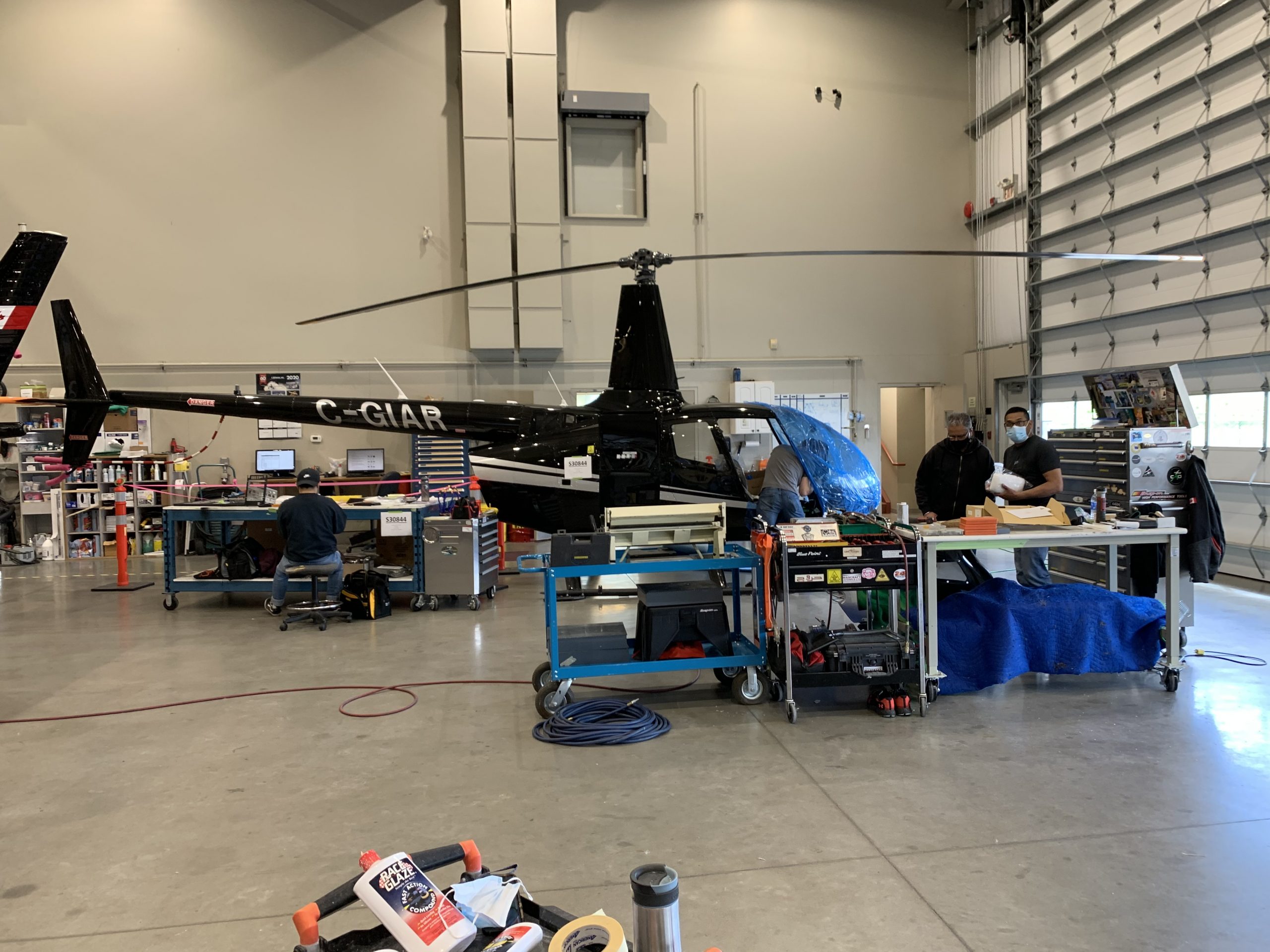 The R66 in the Maxcraft Hangar with a Protective Film on the Windshield to Prevent Damage